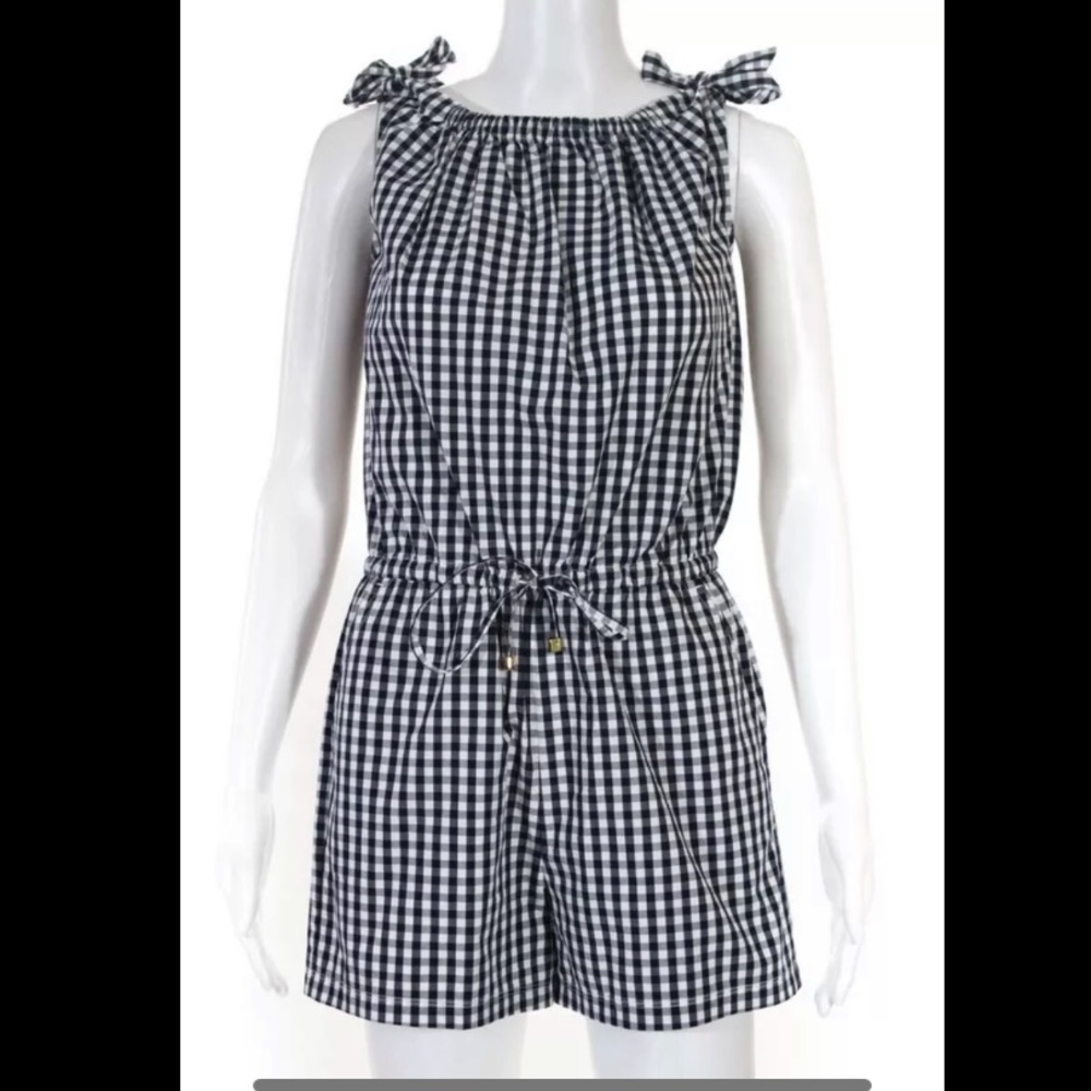 Tory Burch Womens Spaghetti Strap Checkered Romper Navy Blue White Size XS